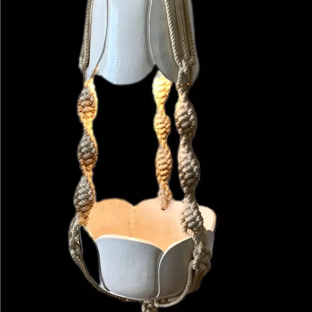 70s Macrame Hanging Lamp Planter Hand Crafted One-of-a-Kind